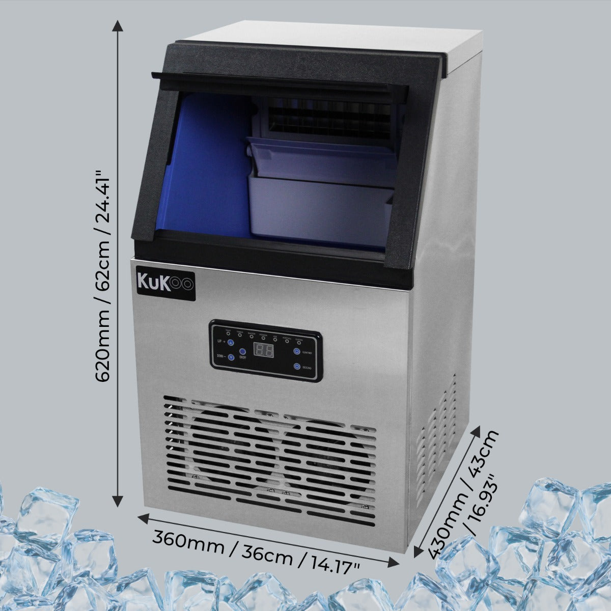 Máquina de hielo de acero inoxidable con pantalla digital y rejillas. Dimensiones mostradas.