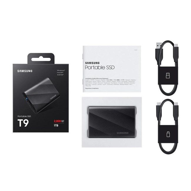 Samsung T9 Taşınabilir SSD 1TB, kılavuz ve iki USB-C kablosu ile.