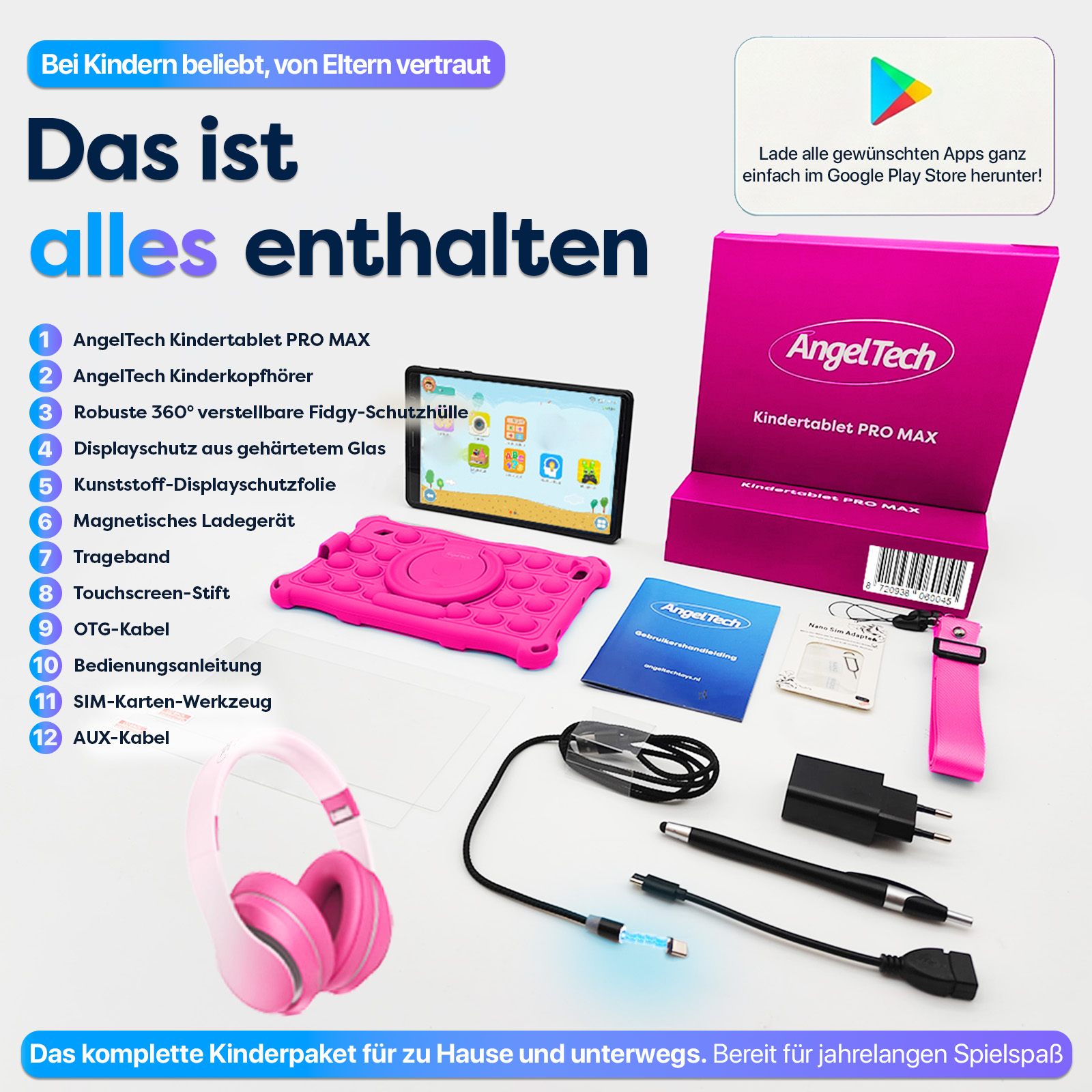 Ein AngelTech Kindertablet-Bundle mit Zubehör wie Kopfhörern, Hülle und Ladekabel.