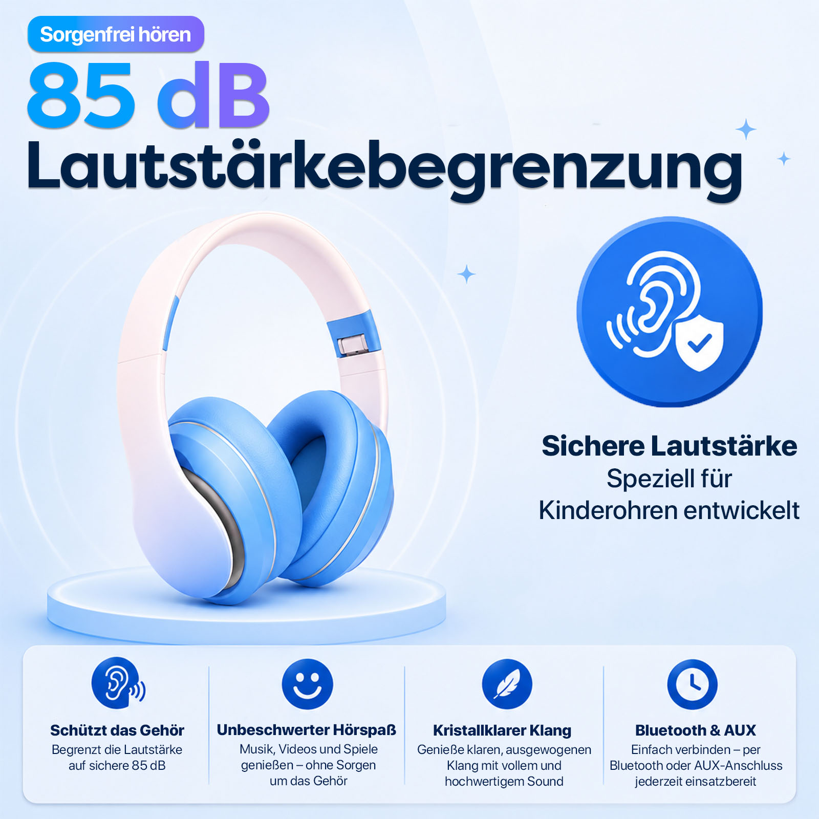 Blaue und weiße Kopfhörer mit Schriftzug '85 dB Lautstärkebegrenzung'.