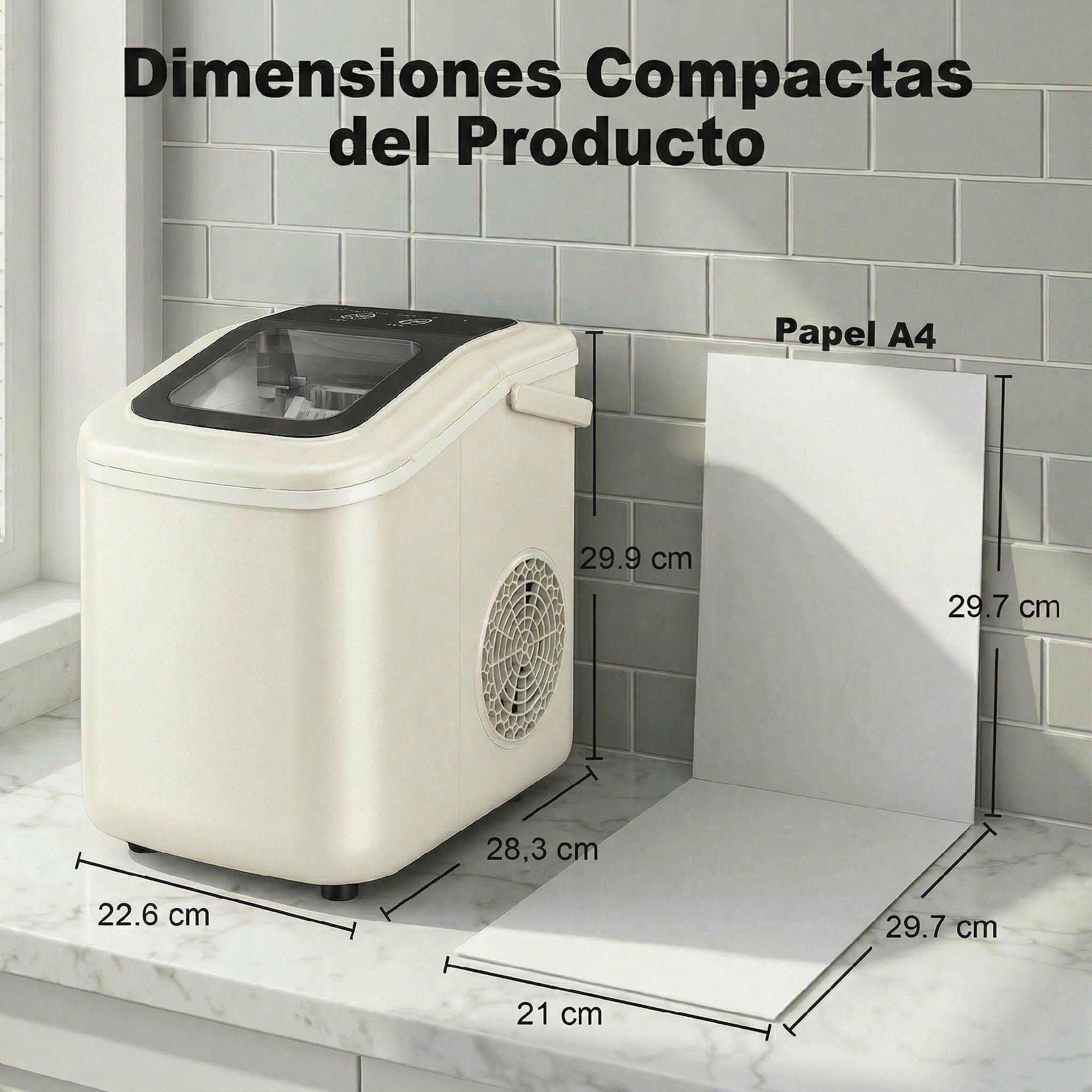 Una máquina de hielo color crema junto a papel A4 para comparar tamaño. Dimensiones etiquetadas.