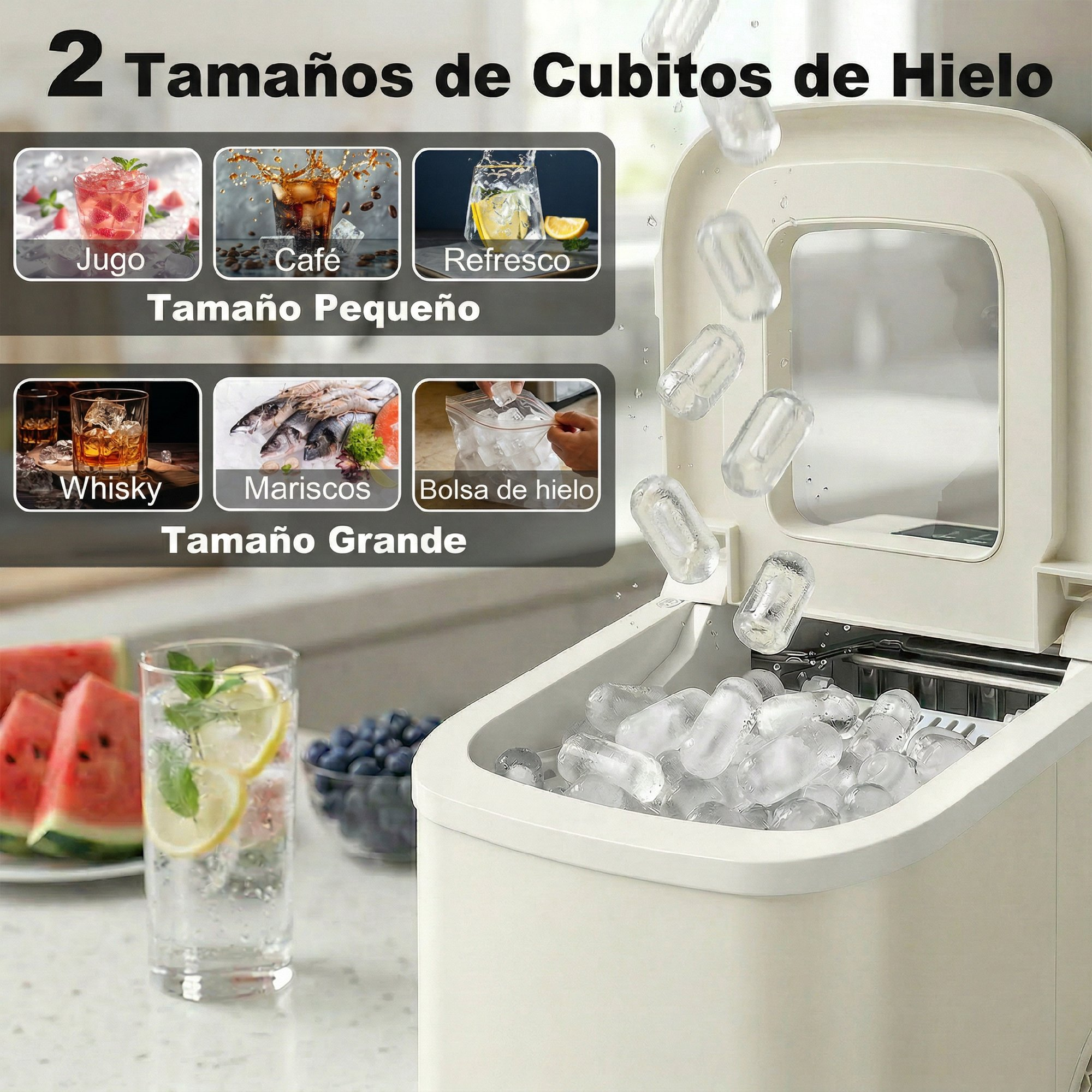 Máquina de hielo con cubitos cayendo. Imágenes de bebidas y alimentos al lado.