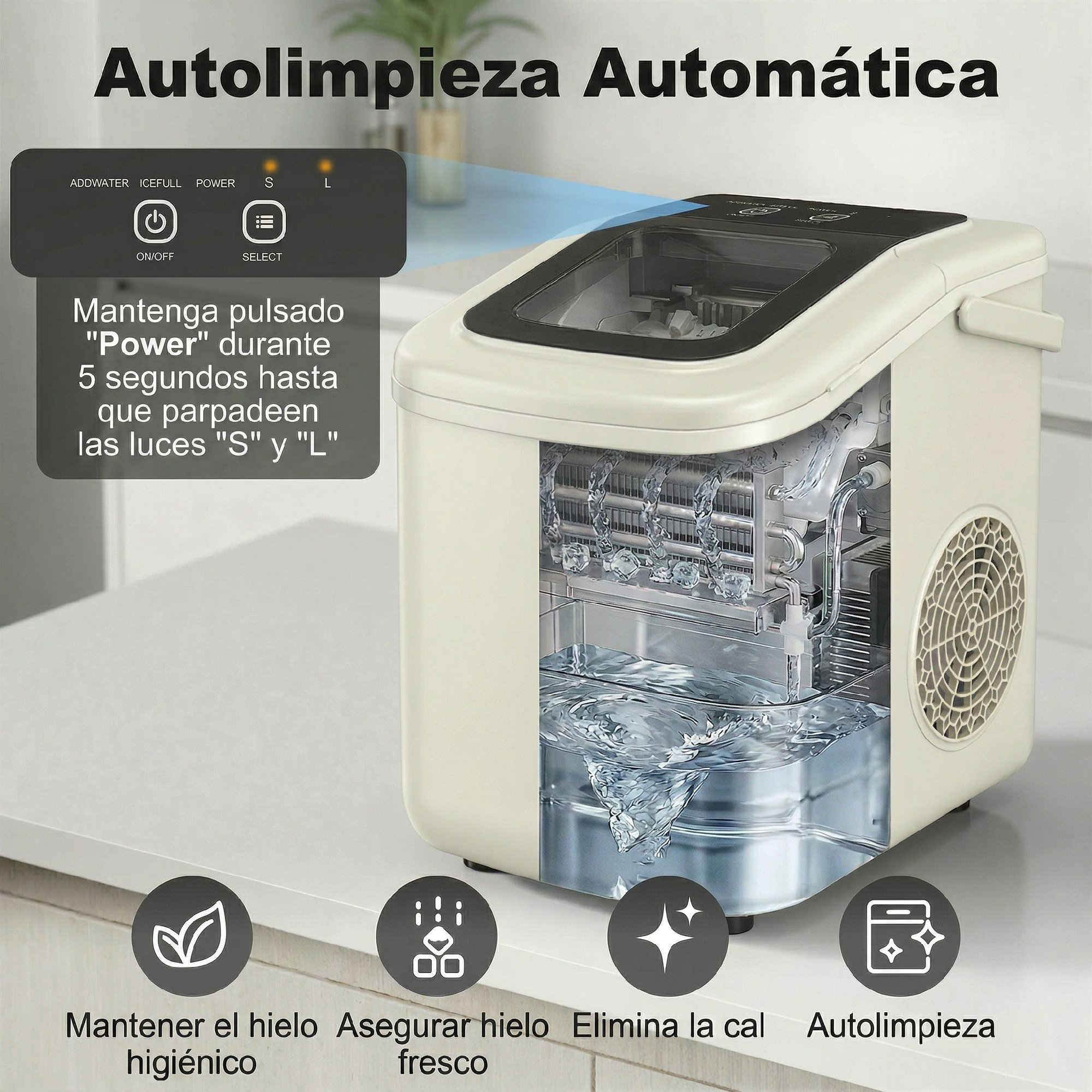 Una máquina de hielo beige con tapa transparente, produciendo cubitos de hielo.