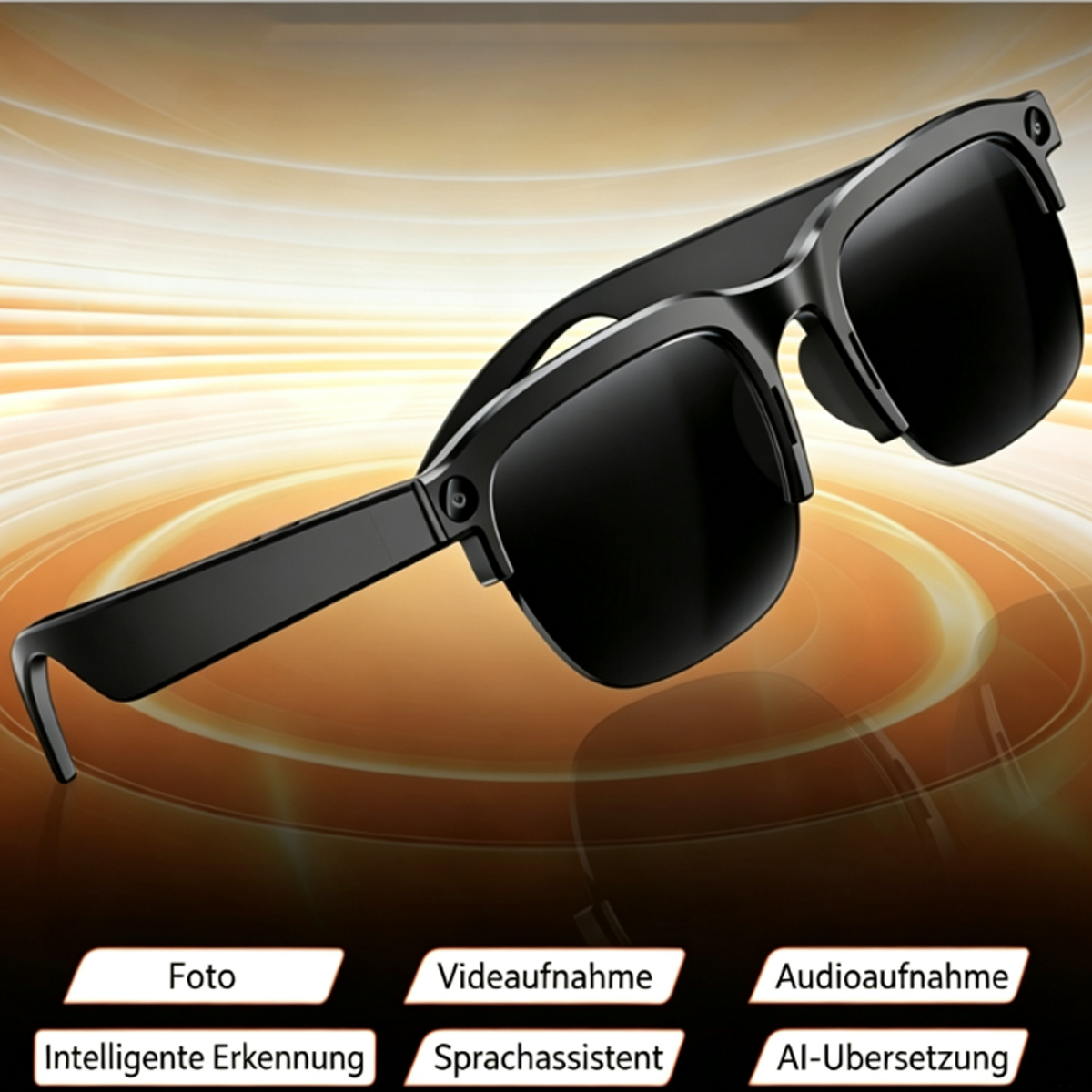 Schwarze smarte Brille mit Kamera, Foto-/Videoaufnahme, KI-Übersetzung.