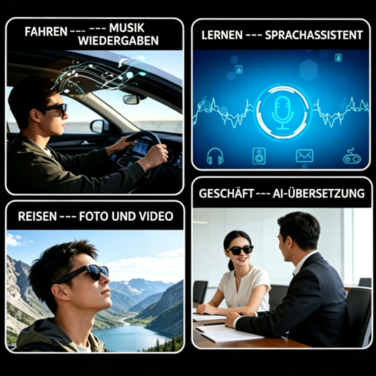 Vier Szenen: Fahren mit Musik, Sprachenlernen, Reisen mit Foto/Video, Geschäft mit KI-Übersetzung.