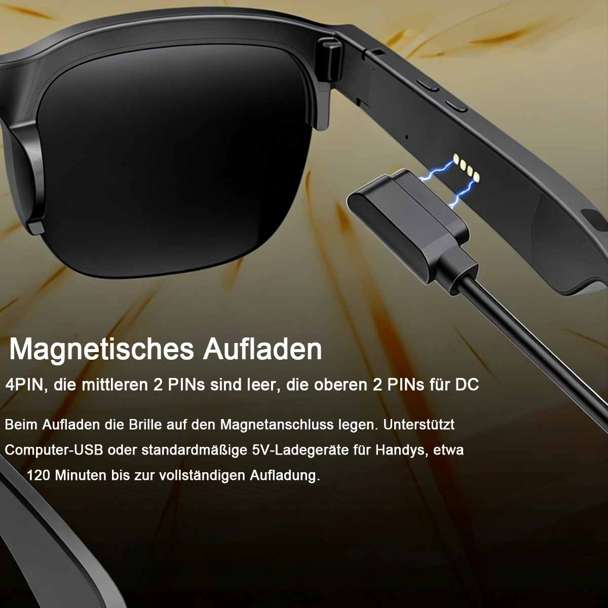Schwarze Brille mit magnetischem Ladekabel, das aufgeladen wird.