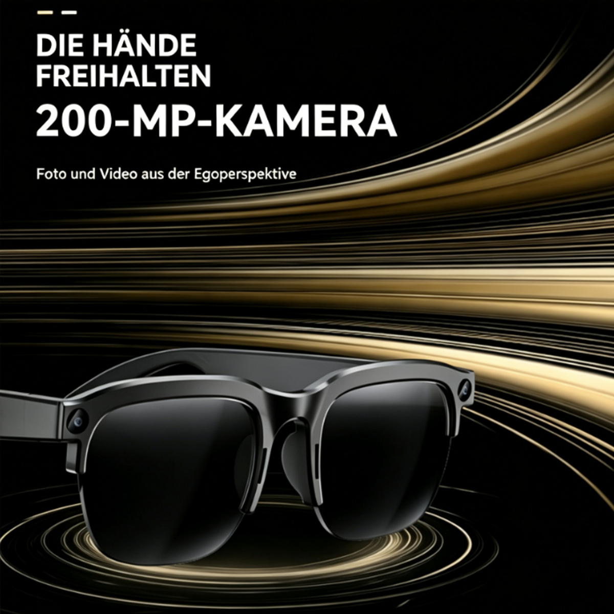 Elegante schwarze Brille mit Kameras und goldenen Streifen.