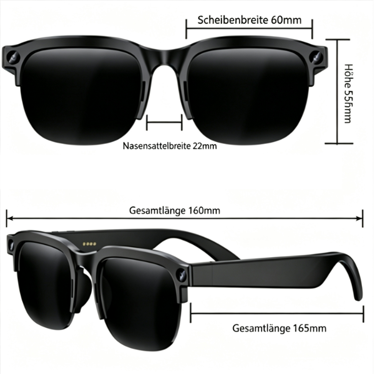 Schwarze Sonnenbrille mit Maßen: 60mm Scheibenbreite, 22mm Steg, 55mm Höhe.