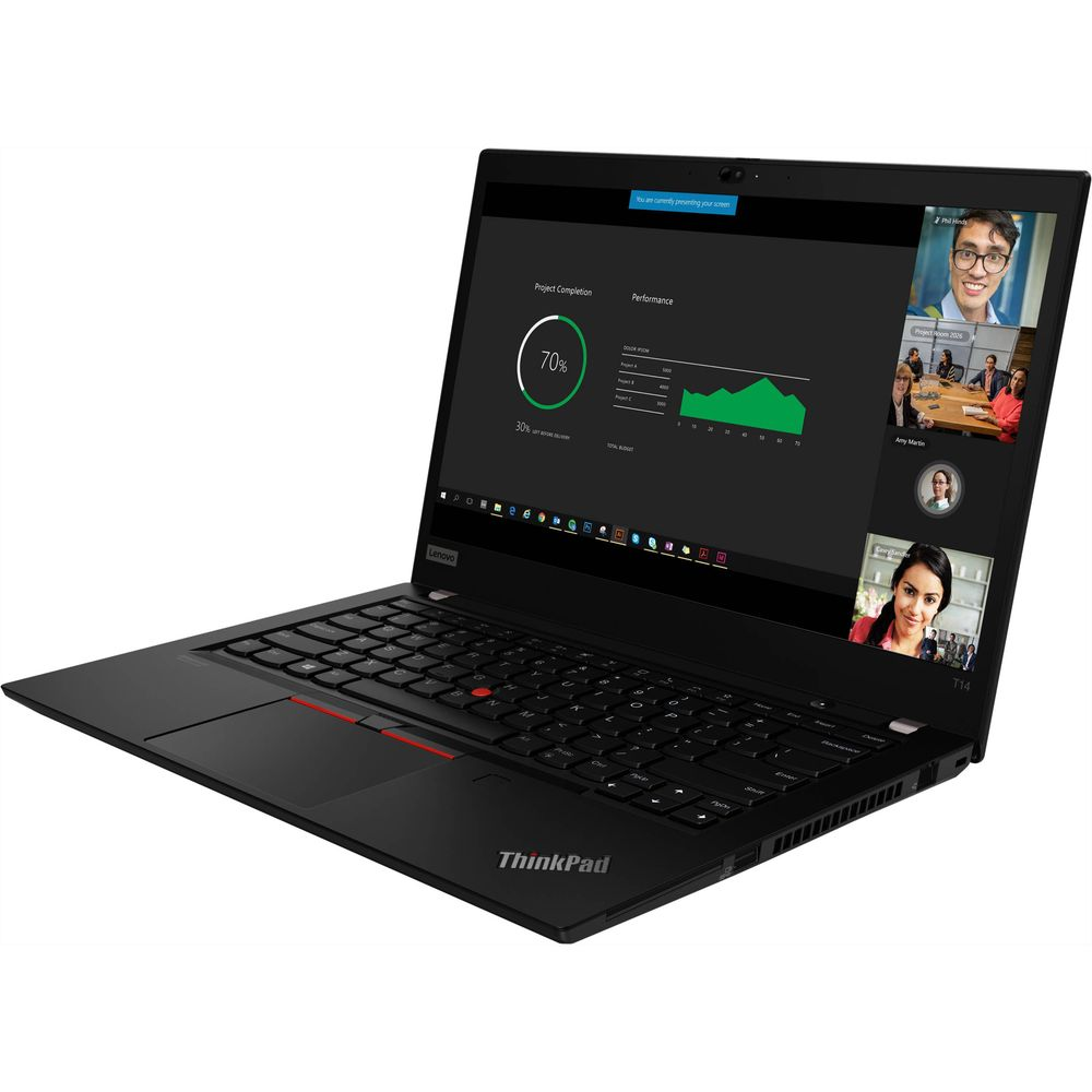 Ein schwarzer Lenovo ThinkPad Laptop zeigt eine Videokonferenz mit Projektfortschritts-Diagrammen.