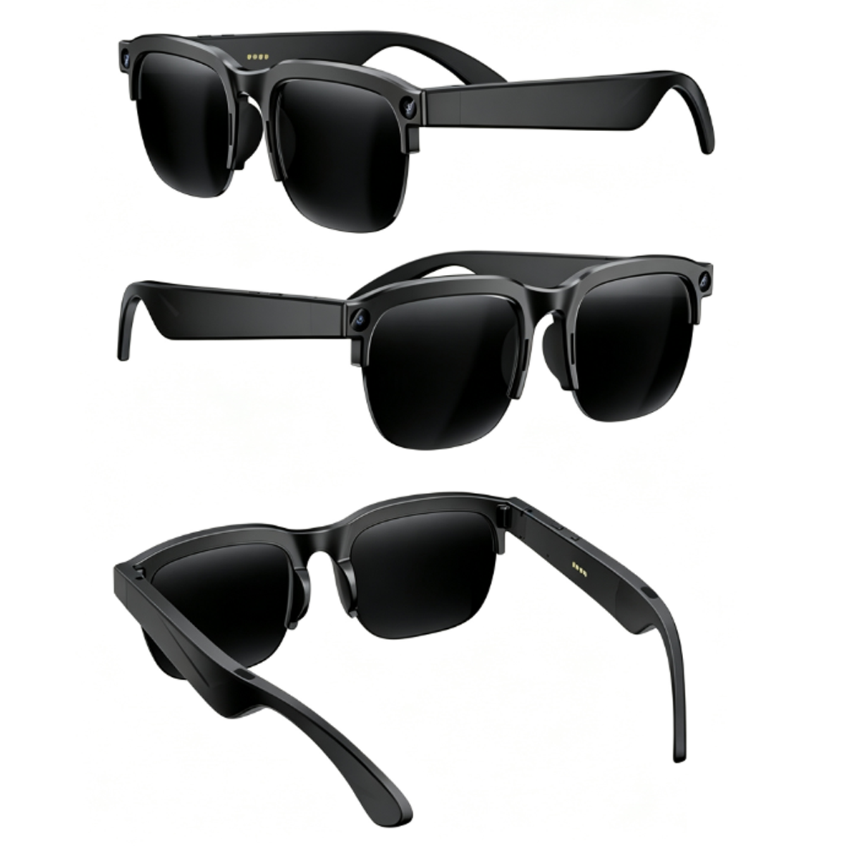Drei Ansichten einer schwarzen Sonnenbrille mit Kameras an den Bügeln.