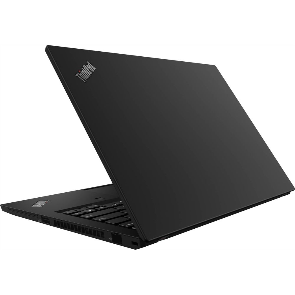 Schwarzer Laptop mit ThinkPad-Logo, teilweise geöffnet, Blick auf Tastatur.