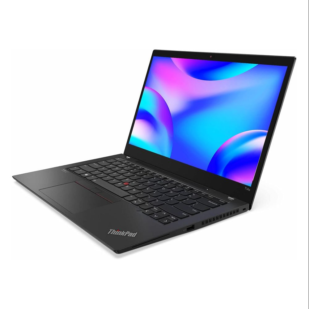 Ein schwarzer Laptop mit ThinkPad-Logo und einem bunten Hintergrund auf dem Bildschirm.