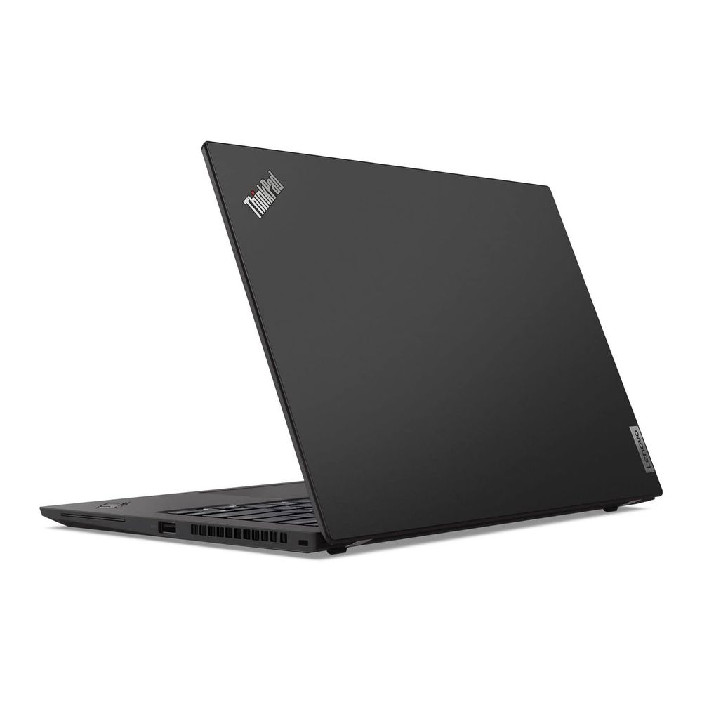 Schwarzer Lenovo ThinkPad Laptop, teilweise geöffnet, zeigt Tastatur und Bildschirm.
