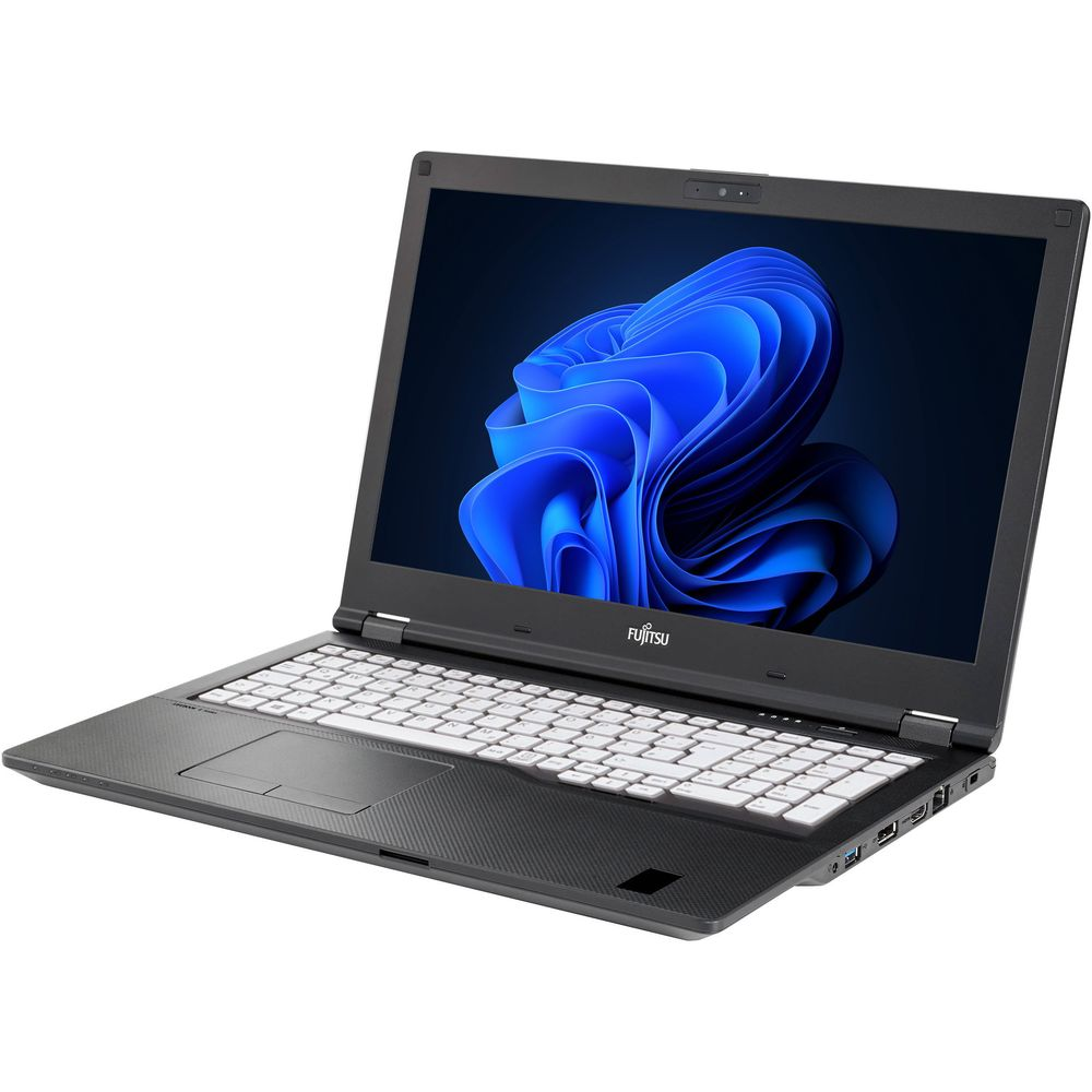 Un ordinateur portable Fujitsu gris foncé avec clavier blanc est ouvert, affichant un fond d'écran abstrait bleu.