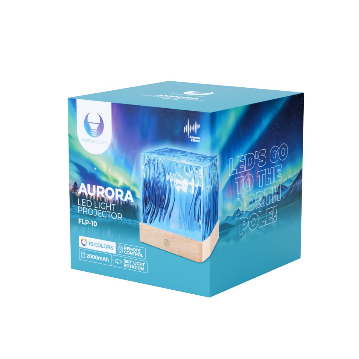 Box mit Aurora LED-Projektor, der den Nordpol zeigt.