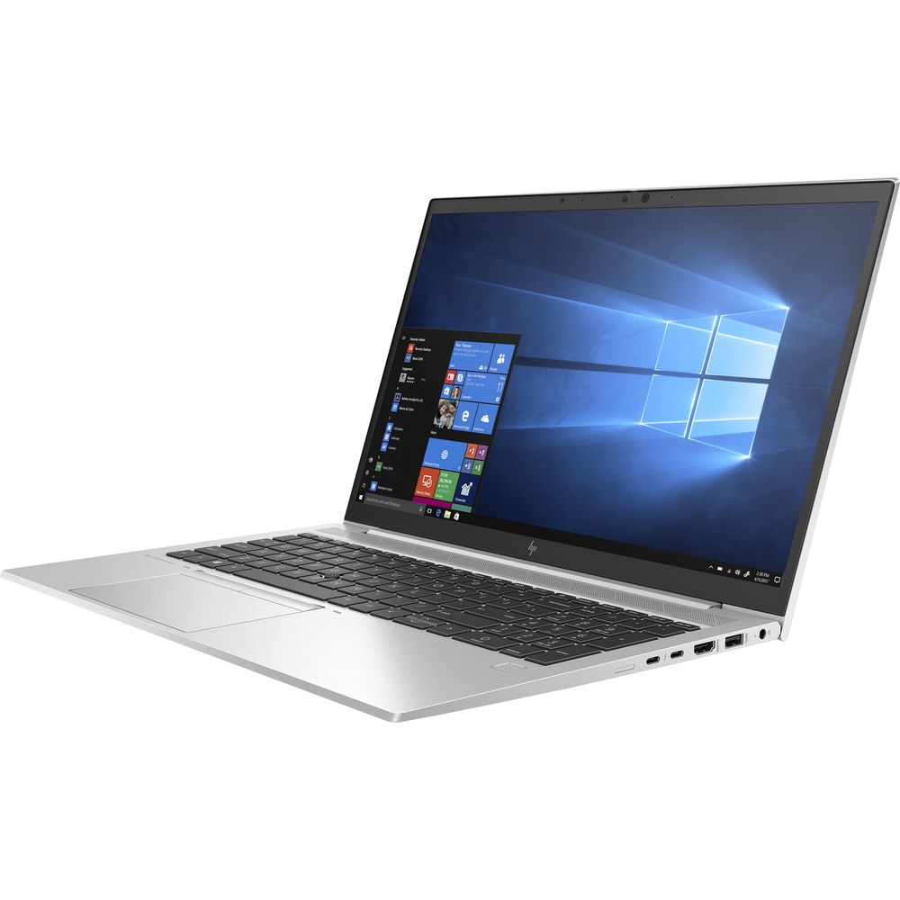 Silberner Laptop mit schwarzer Tastatur, geöffneter Bildschirm zeigt Windows Desktop und Symbole.