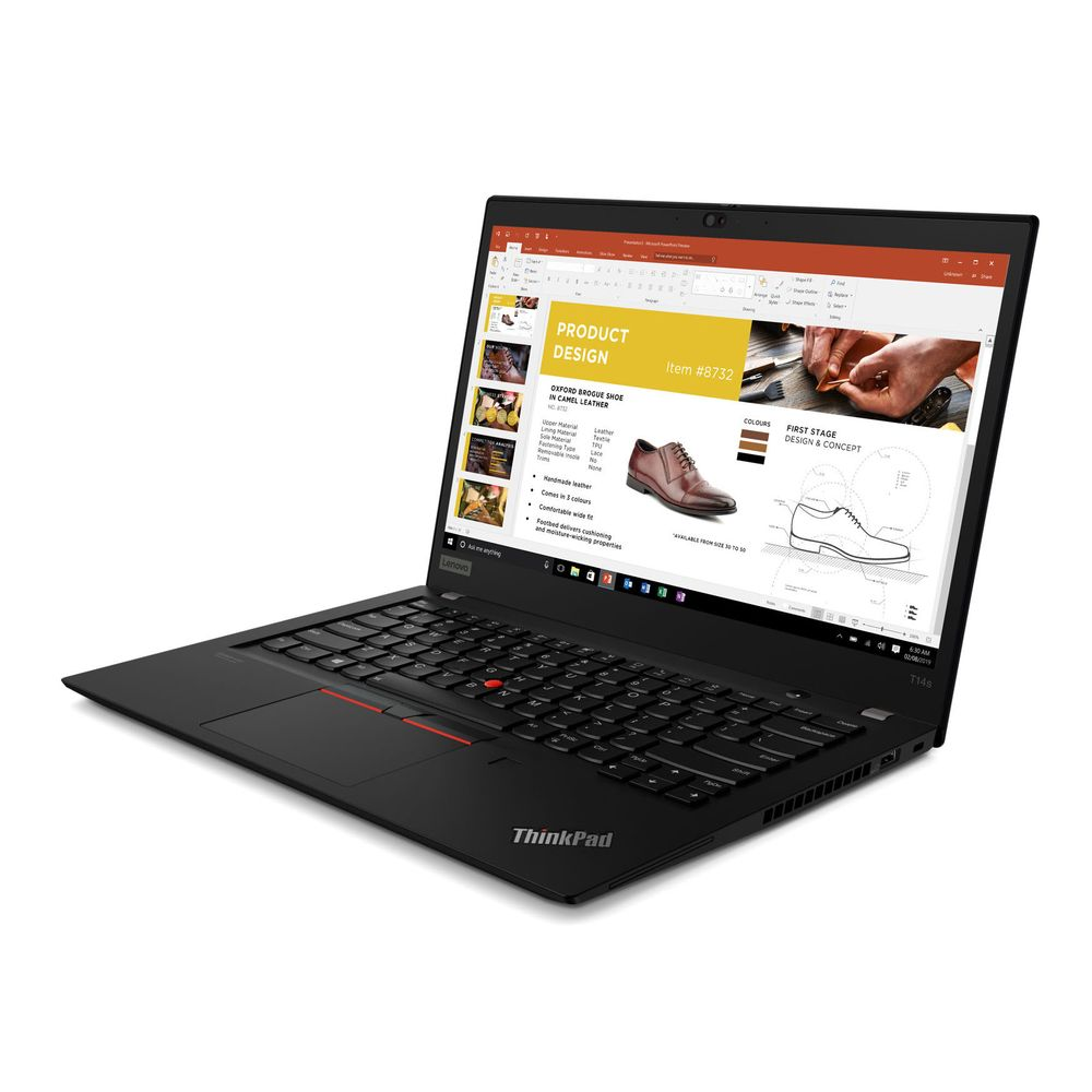 Ein schwarzer Lenovo ThinkPad Laptop zeigt eine Präsentation über Schuhdesign.