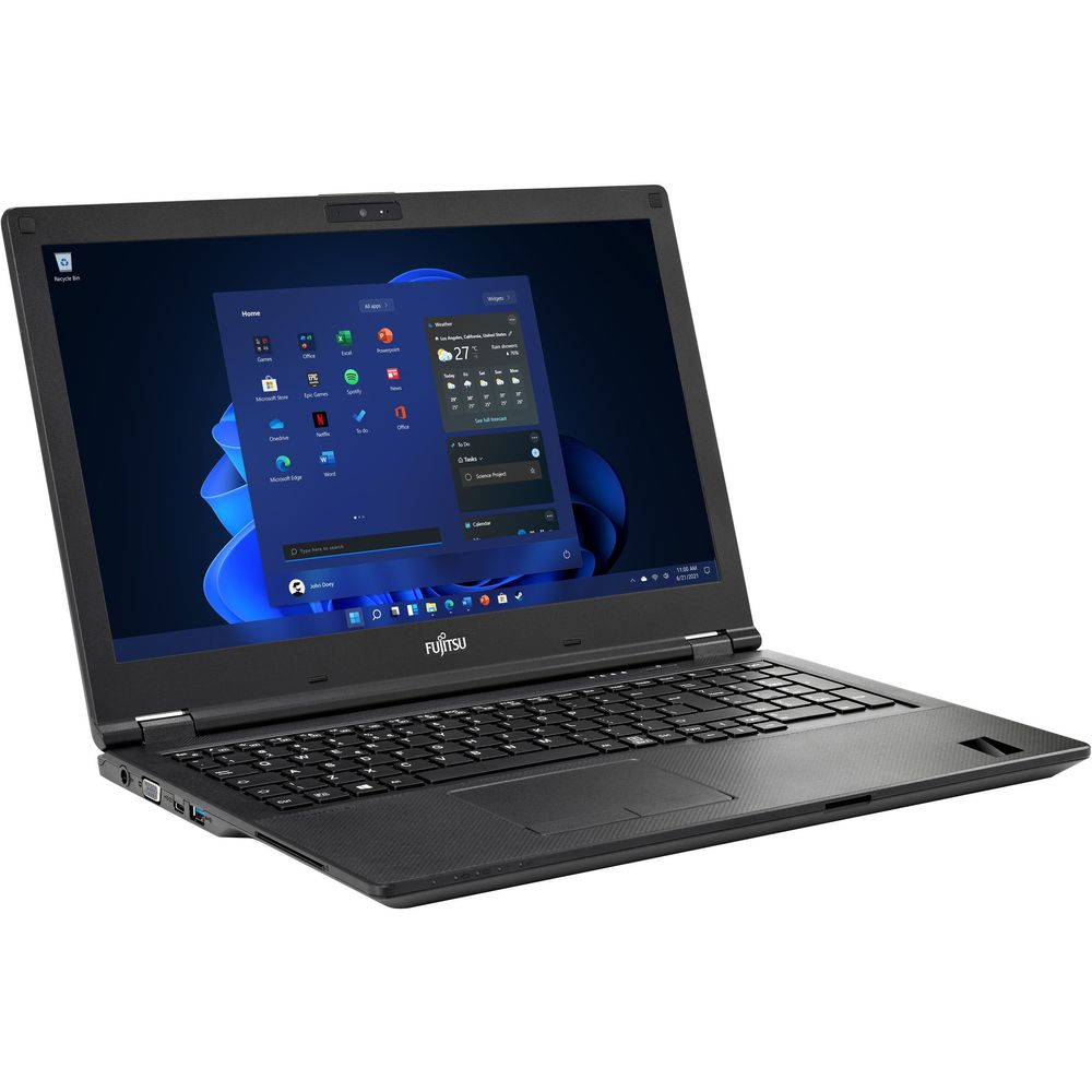 Un laptop Fujitsu nero con lo schermo aperto, che mostra il menu di Windows 11.