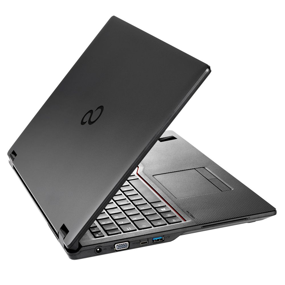 Un laptop nero aperto con il logo Fujitsu sul coperchio.