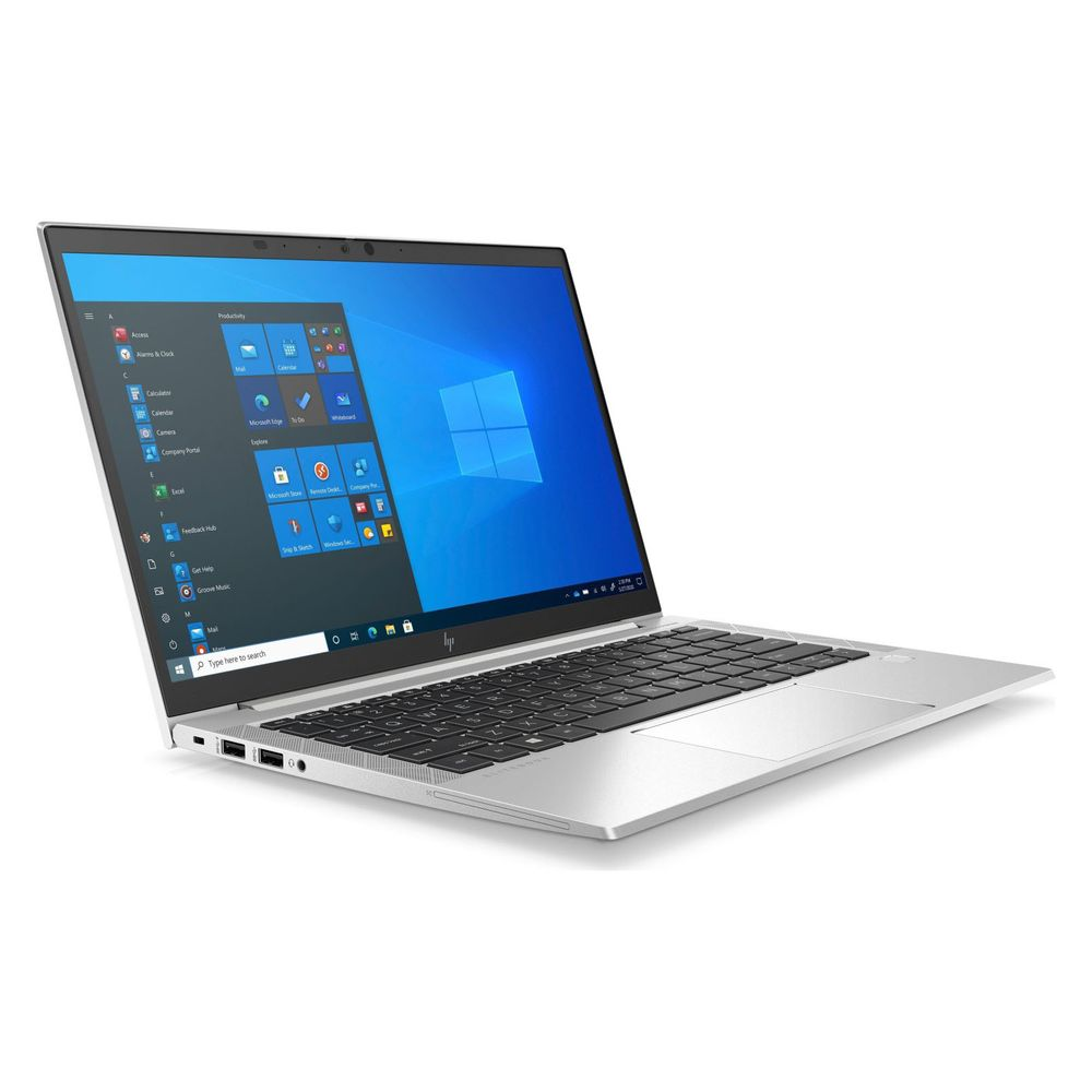 Silberner HP Laptop geöffnet, zeigt den Bildschirm mit dem Windows 10 Startmenü.