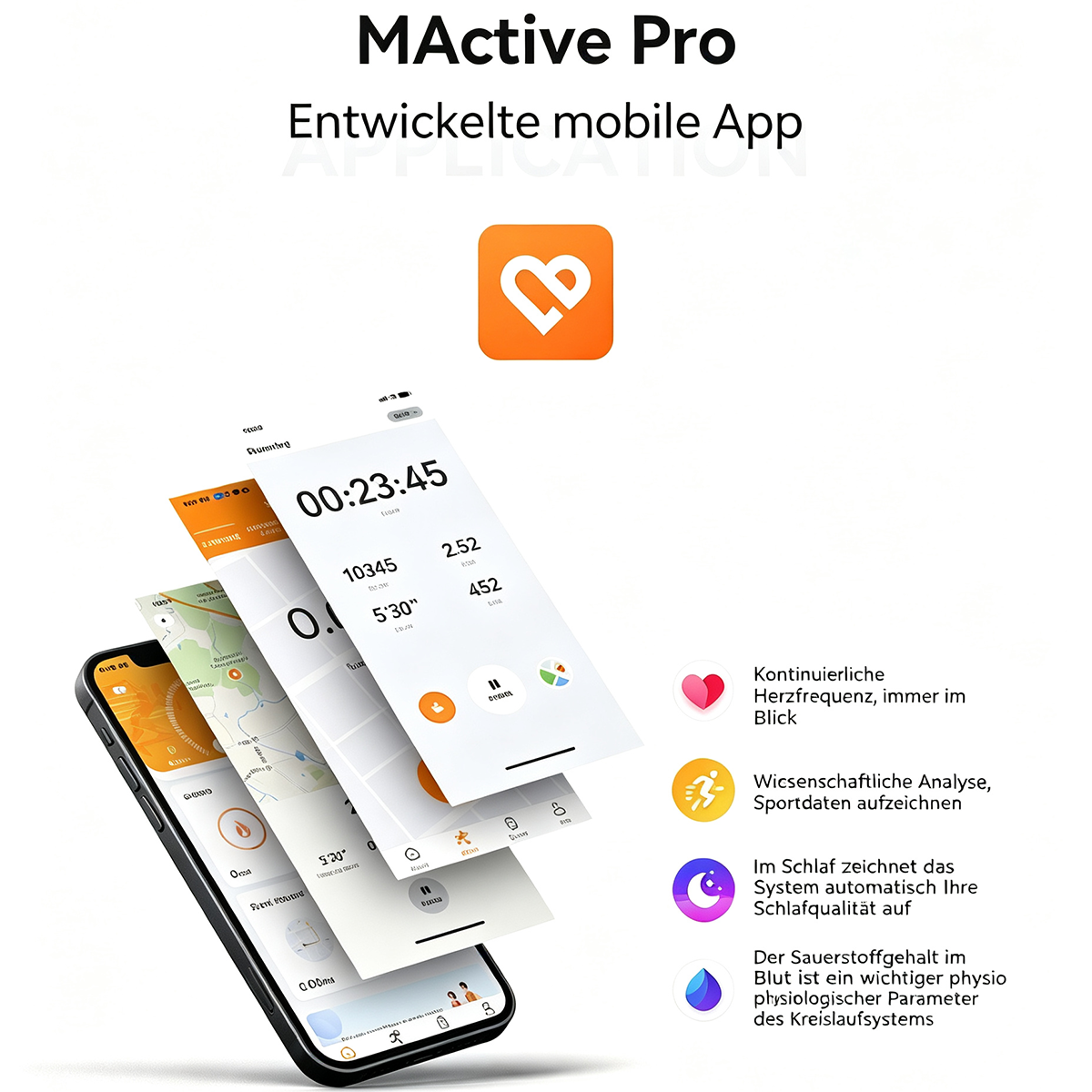 MActive Pro App auf einem Smartphone mit Trainingsdaten und Icons für Herzfrequenz, Analyse und Schlaf.