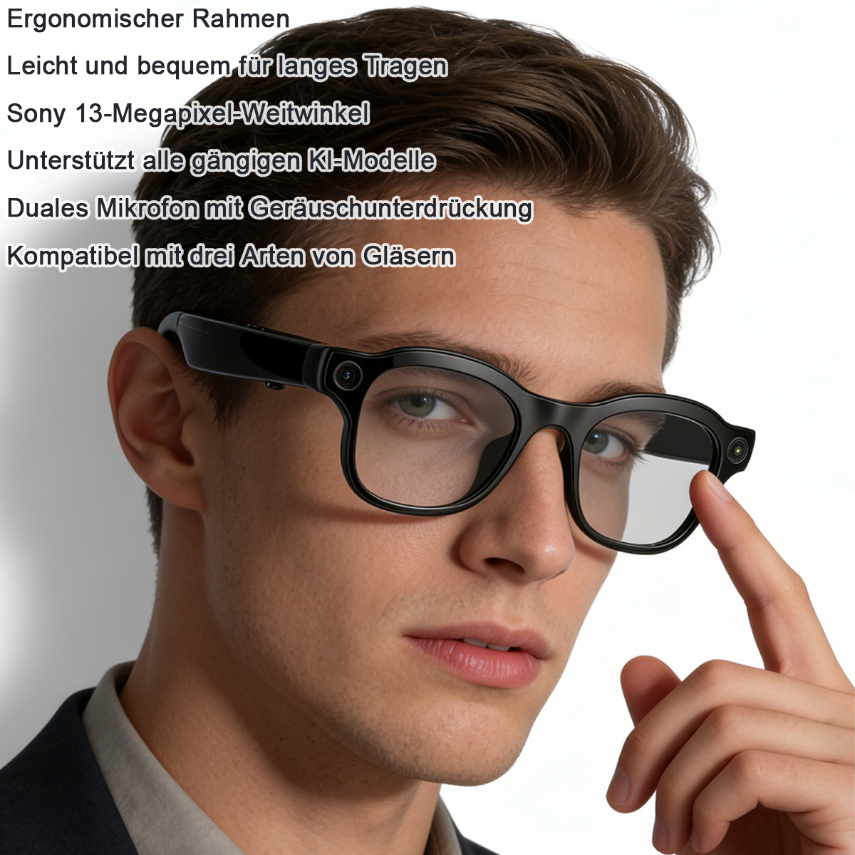 Mann mit schwarzen Brillen mit Kameras, der seine Brille berührt.
