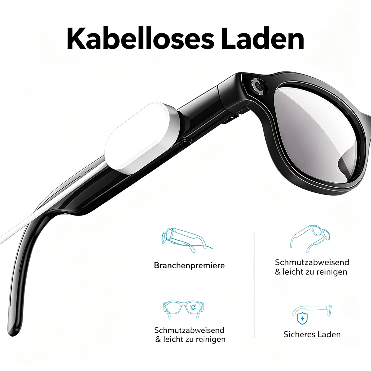 Schwarze Brille mit kabellosem Ladegerät und Icons für Funktionen.