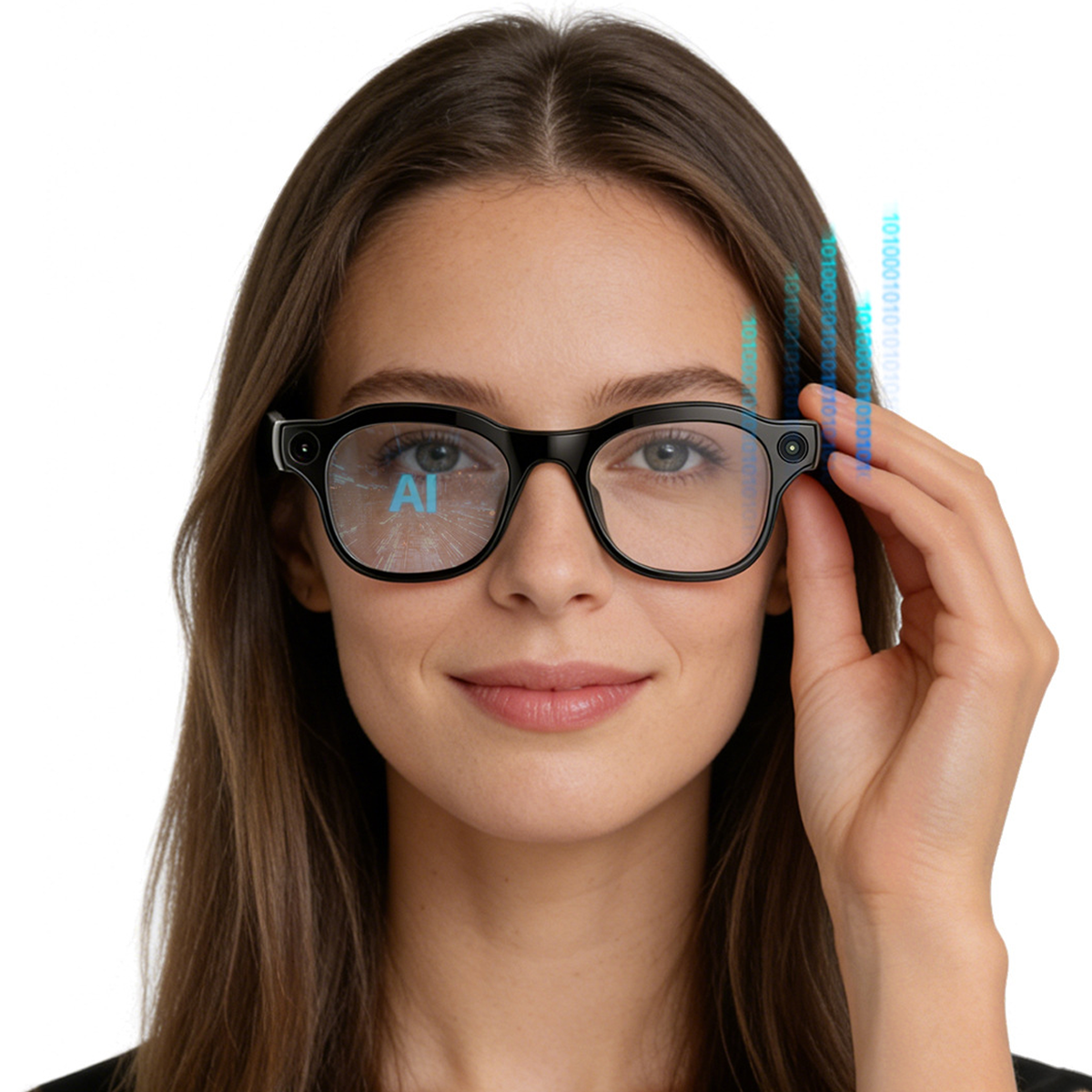 Eine Frau trägt eine Brille mit KI-Anzeige und binärem Code.