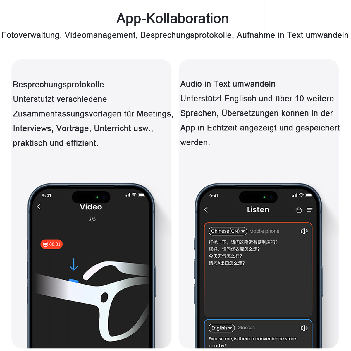 Zwei Smartphone-Screens zeigen App-Funktionen: Links Videoaufnahme, rechts Audioübersetzung.