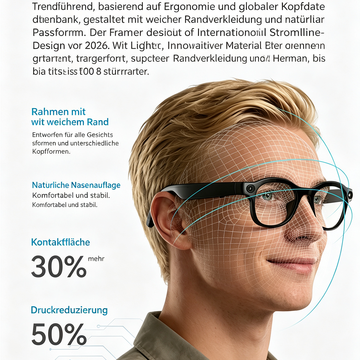 Mann mit Brille, Gesicht mit Gitter überlagert, Text über Rand und Komfort.