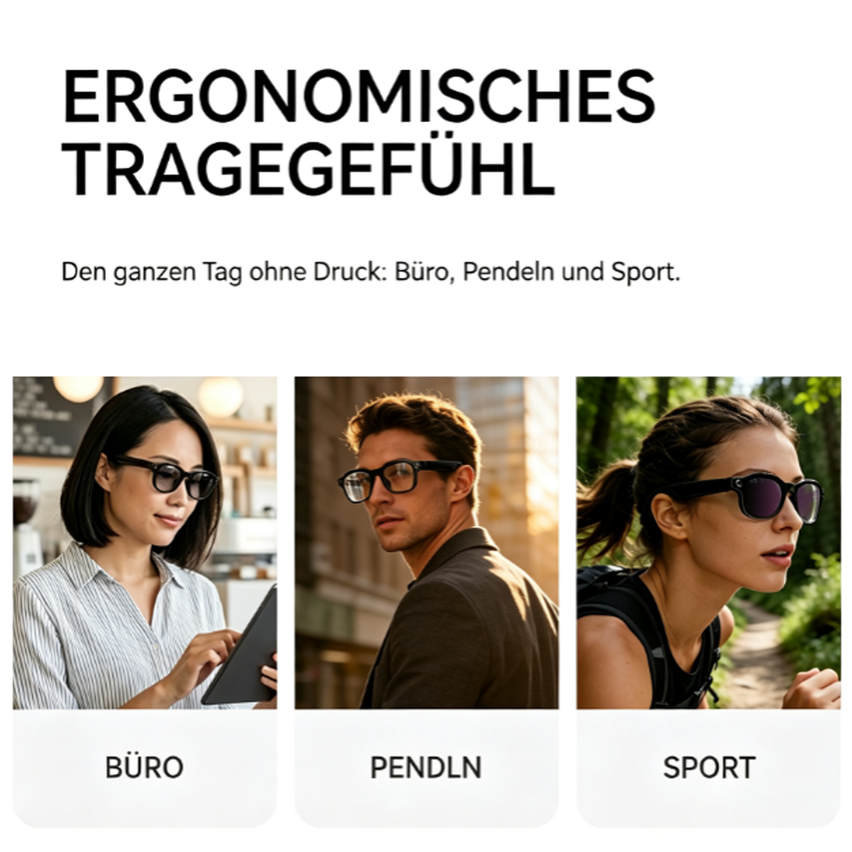 Drei Personen in Brillen: Büro, Pendeln und Sport.