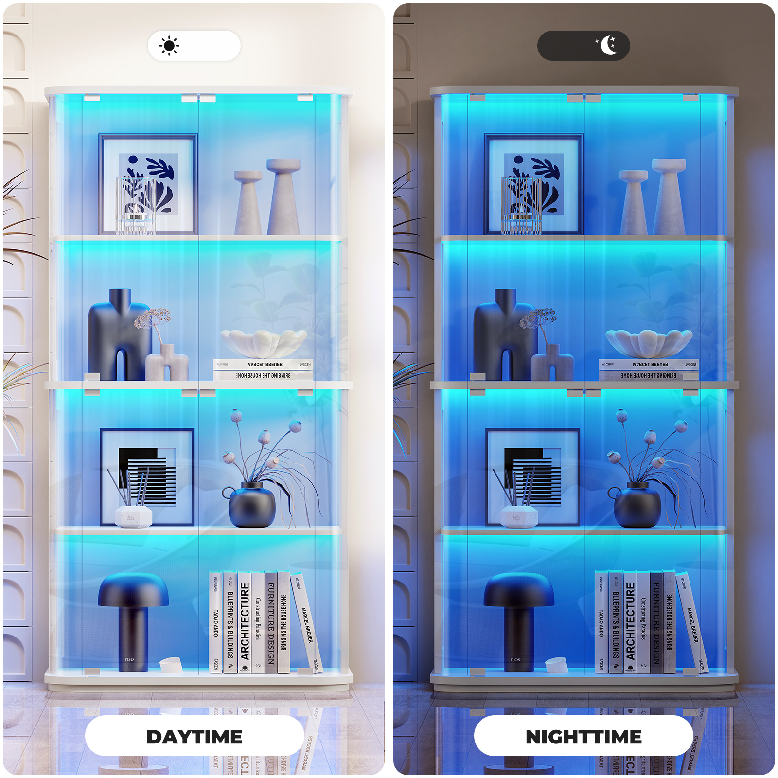 Ein Regal mit Dekorationsgegenständen und Büchern, beleuchtet mit blauen LEDs.