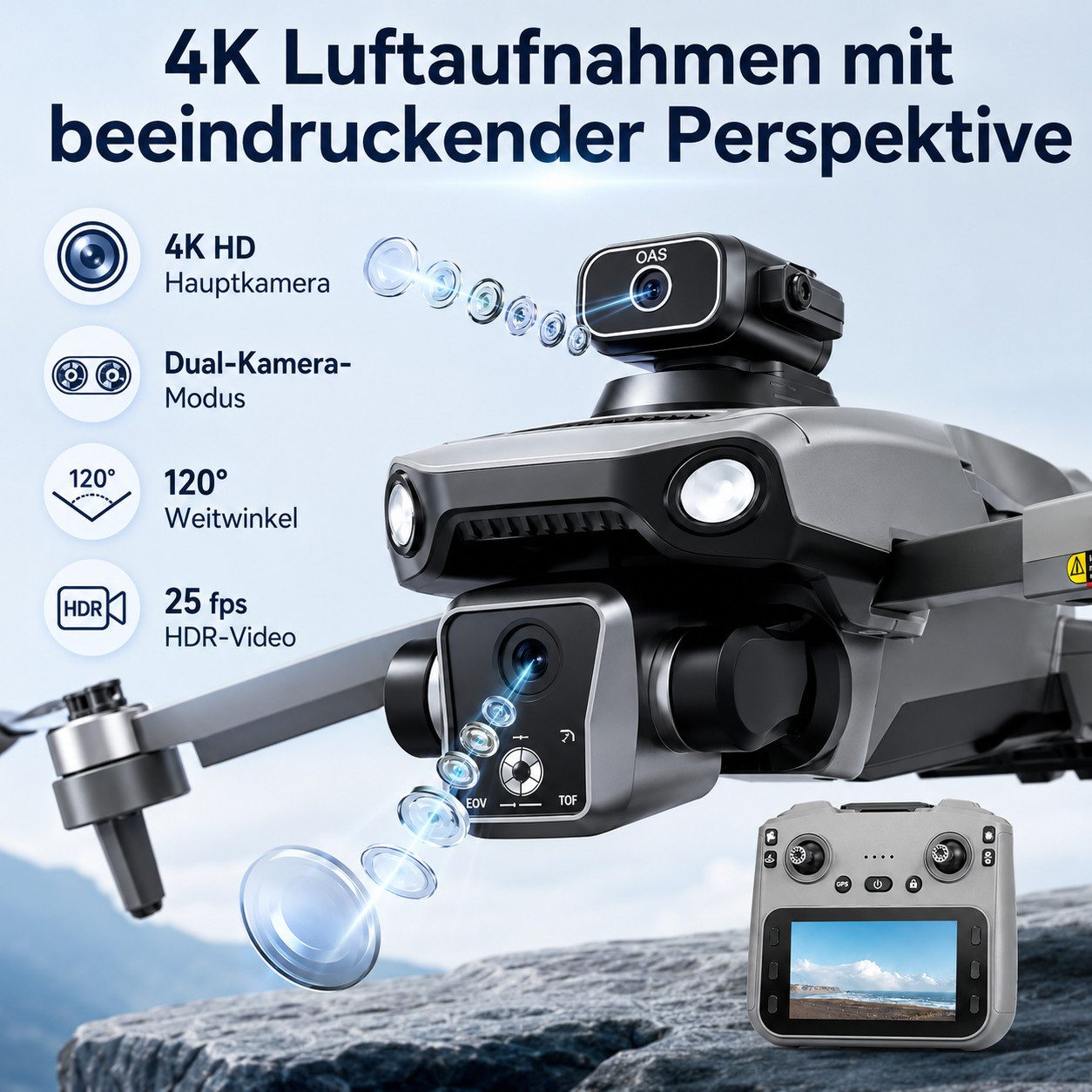 Eine Drohne mit Fernbedienung und Detailansichten von Kameras und Funktionen.