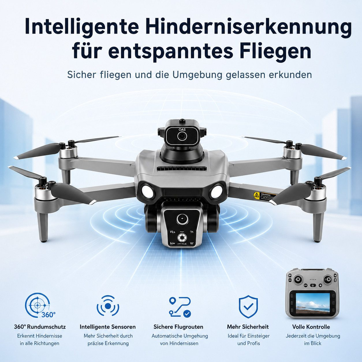 Ein graues Hightech-Drohne mit Kamera und Fernbedienung. Text über Hinderniserkennung.