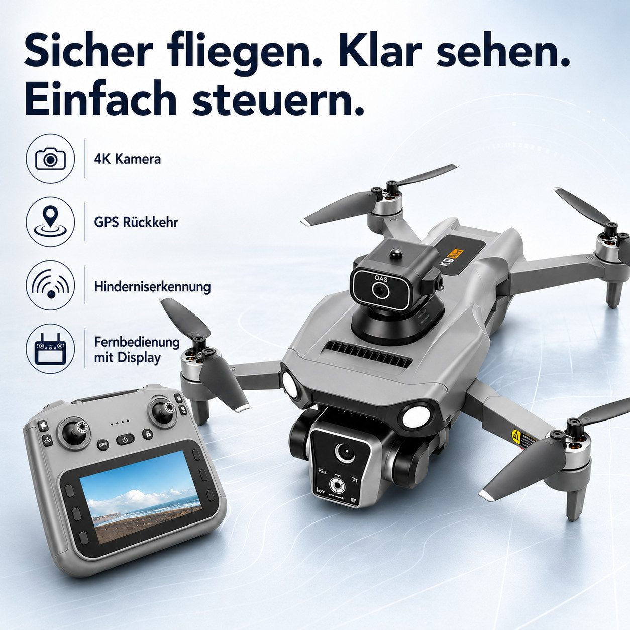 Ein silberner Drohne mit Fernsteuerung. Links sind Icons für Kamera, GPS, Hinderniserkennung, Display.