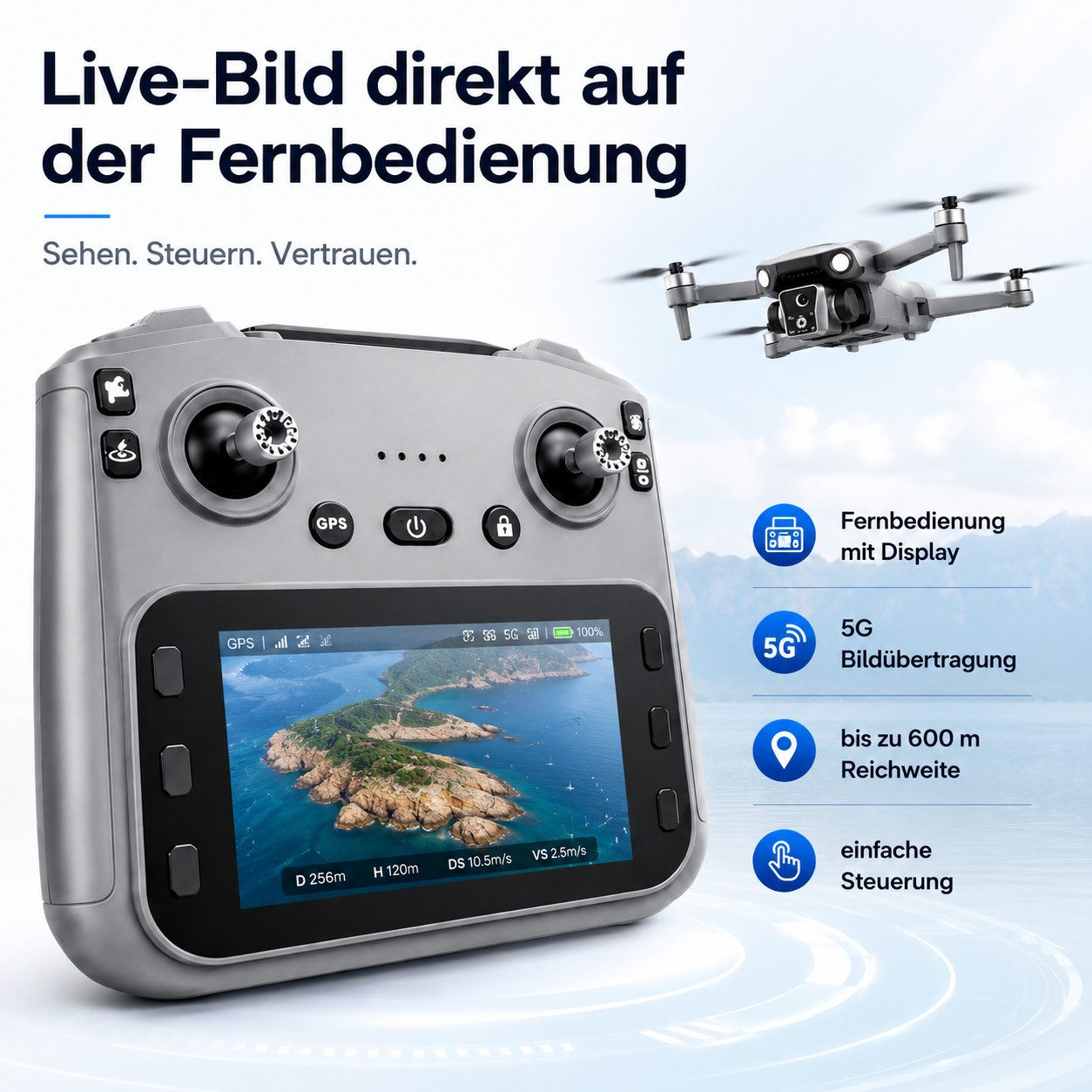 Drohne über einer Insel wird von einem Controller mit Bildschirm gesteuert.