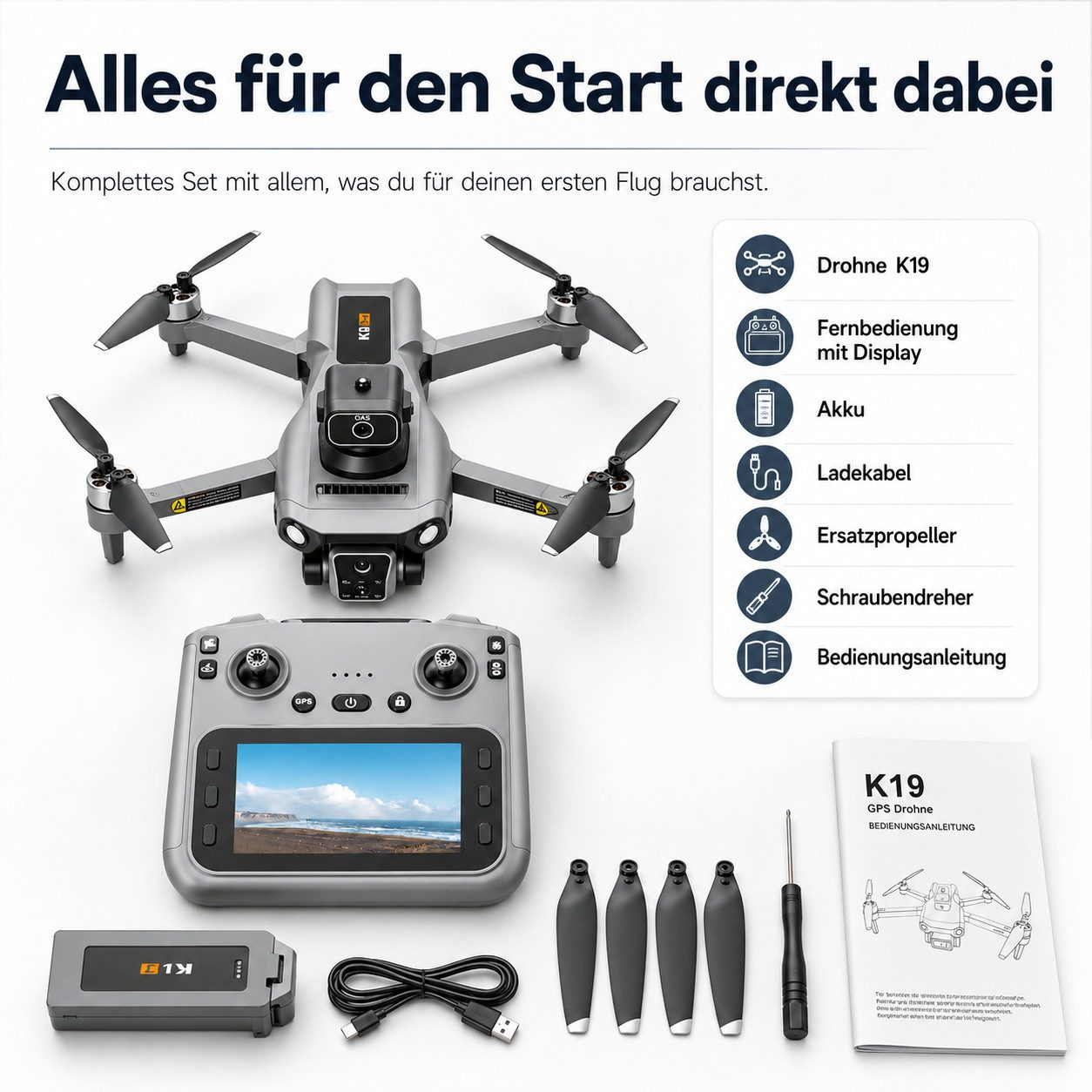 Ein K19 GPS Drohnen-Set mit Fernbedienung, Akku, Kabeln und Ersatzteilen.