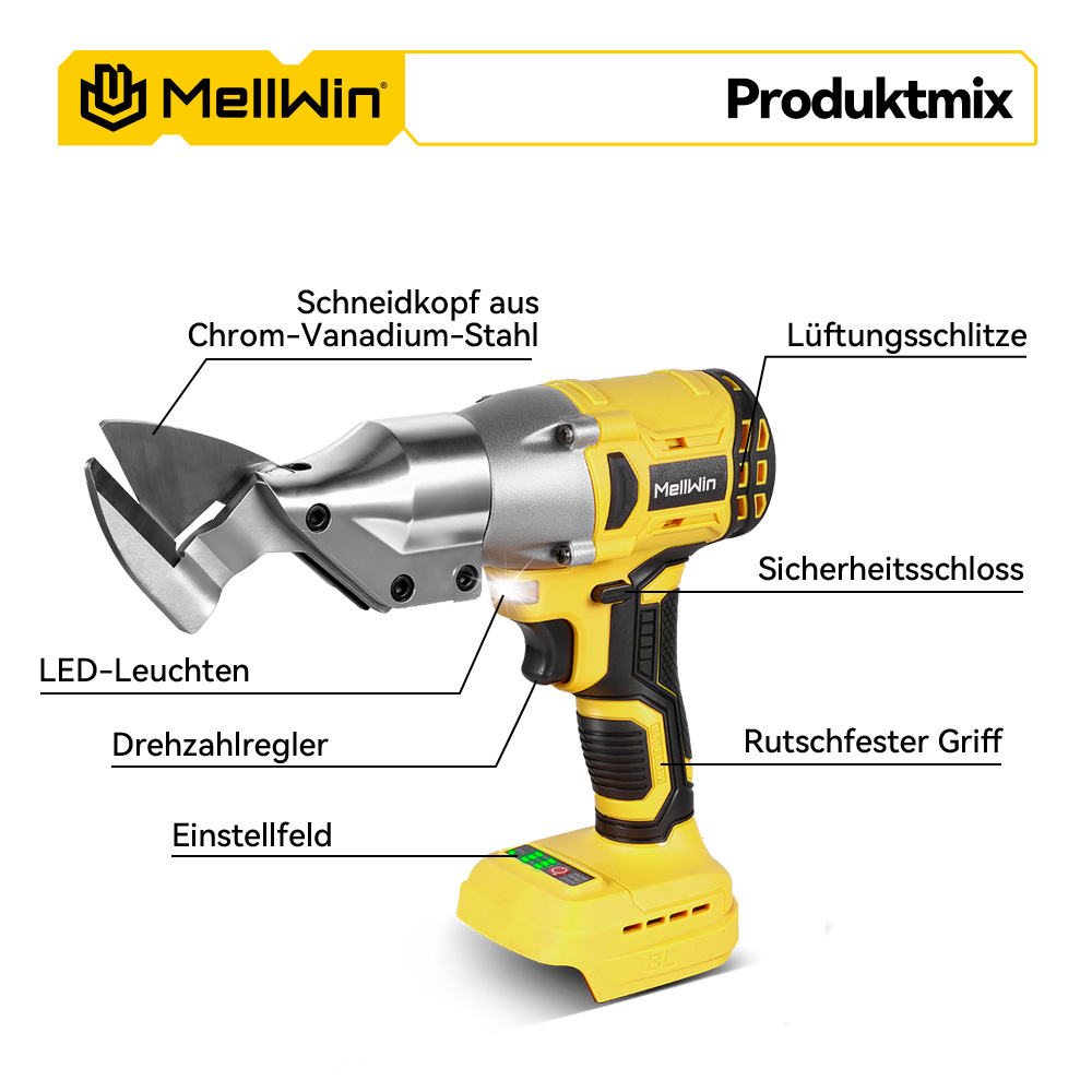 Gelber Elektroschneider mit Chrom-Vanadium-Kopf, LED, und Griff.