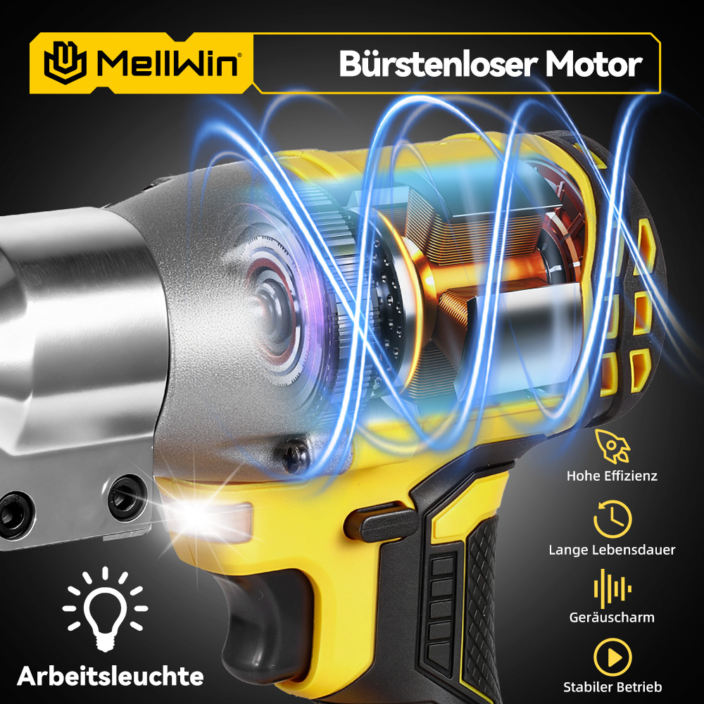 Ein gelber Akkuschrauber mit sichtbarem bürstenlosem Motor und blauen Energiewellen.