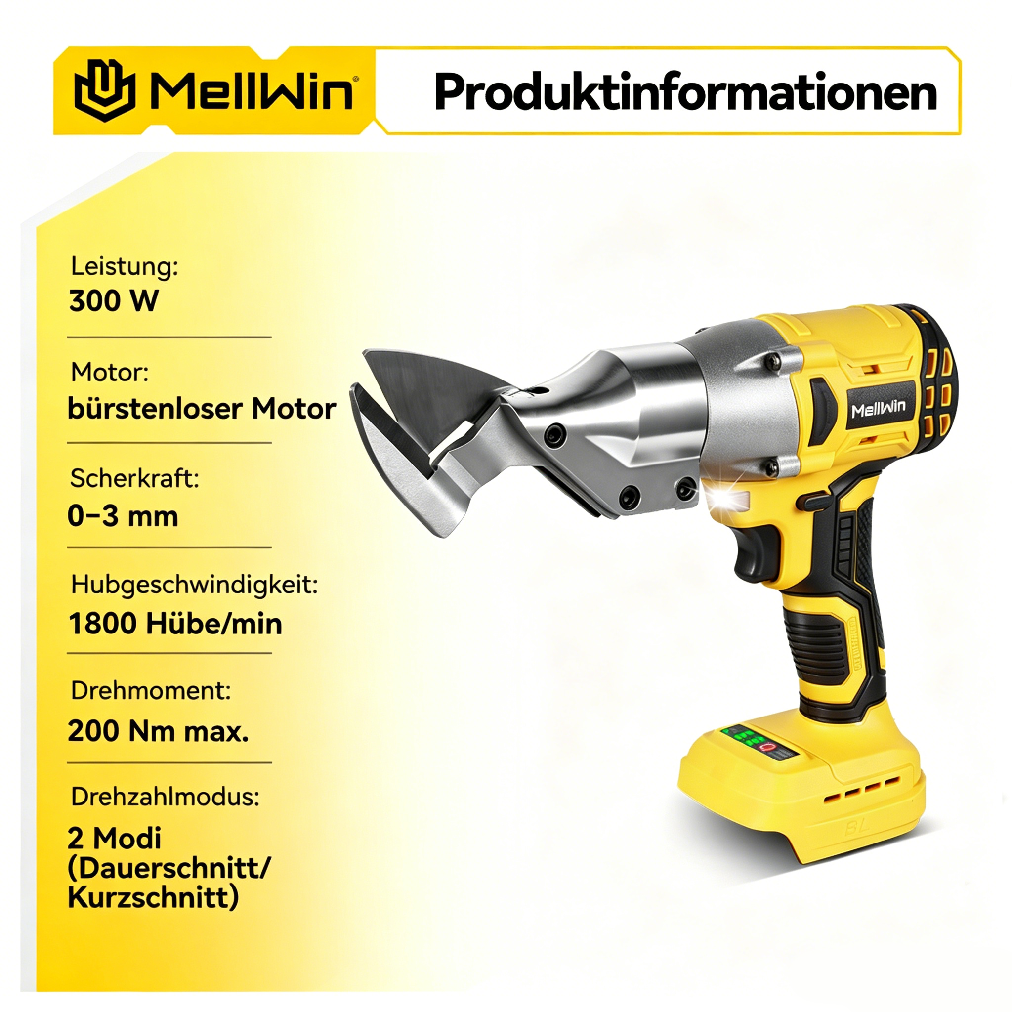 Ein gelber und silberner Akkuschneider von MellWin mit technischen Daten.
