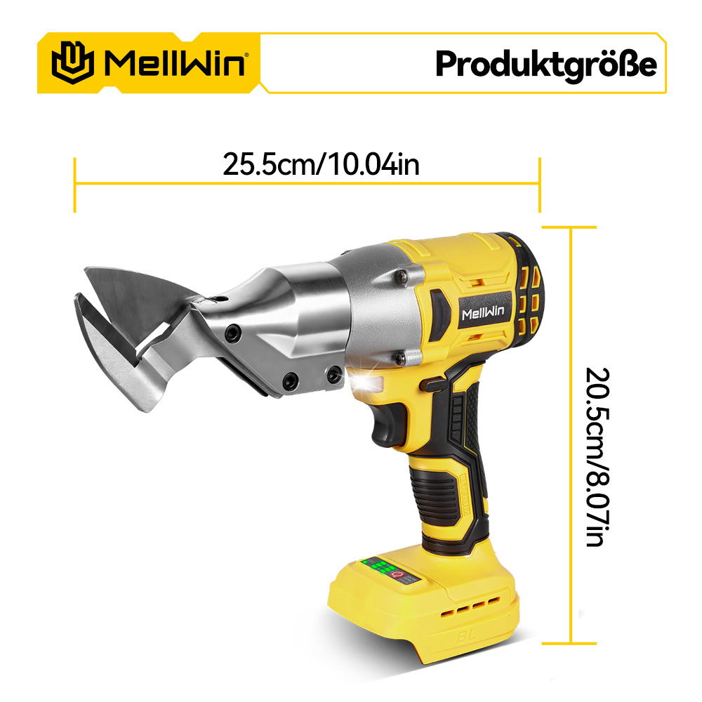 Gelber Akkuschneider mit Metallschneidaufsatz. Maße: 25.5cm/10.04in und 20.5cm/8.07in.