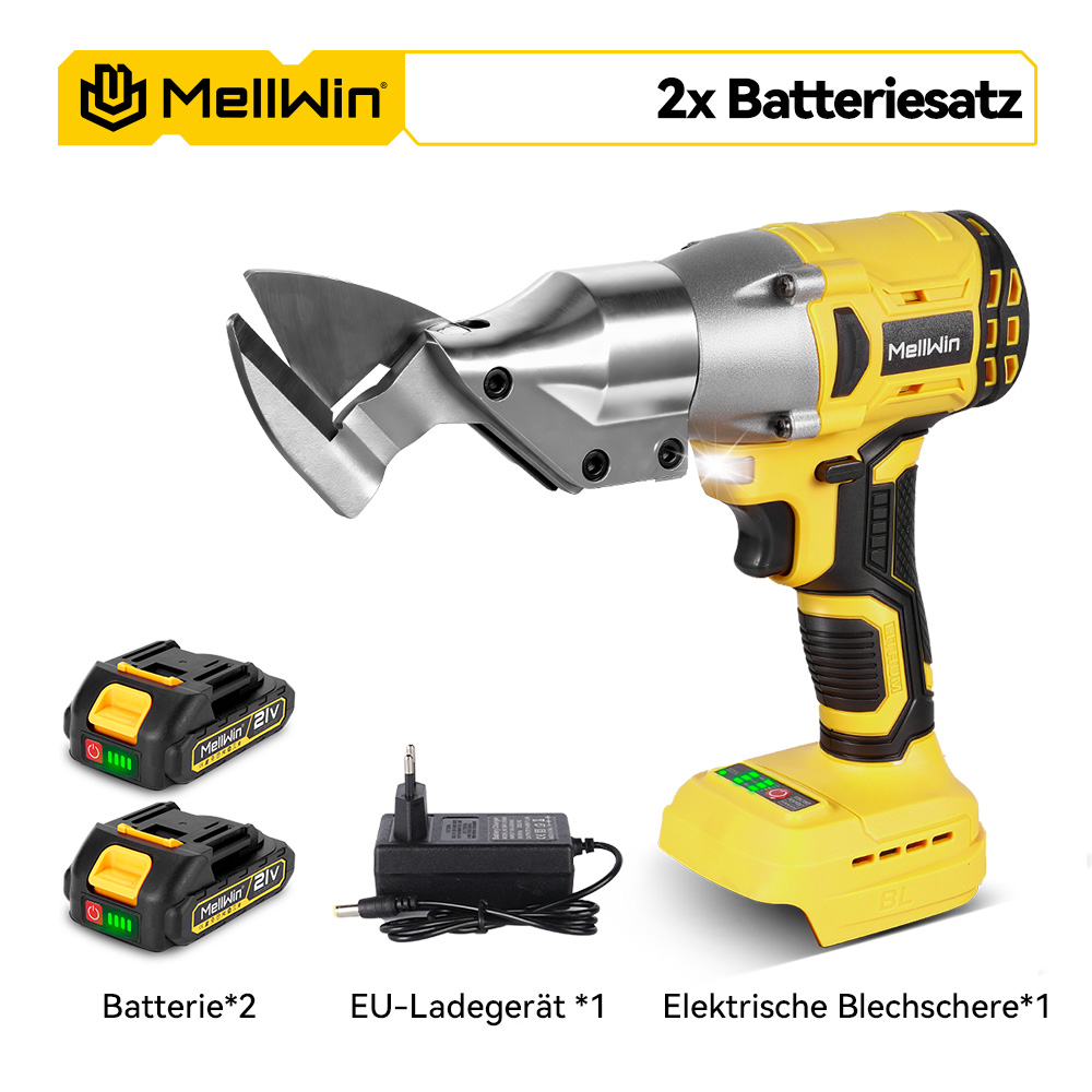 Ein gelber und silberner Elektroschneider mit zwei Akkus und Ladegerät.