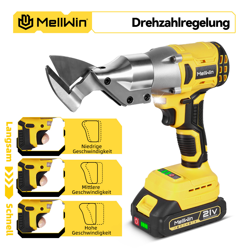 Ein gelber und grauer Akku-Blechschneider mit drei Geschwindigkeitsanzeigen.