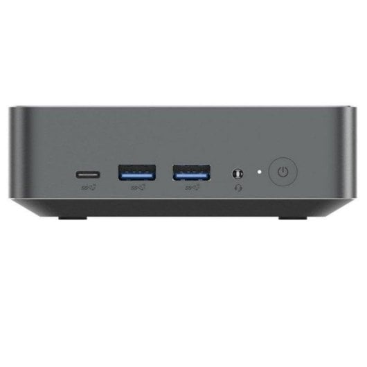 Grijze mini-pc met USB-C, 2x USB-A-poorten, koptelefoonaansluiting en aan/uit-knop.