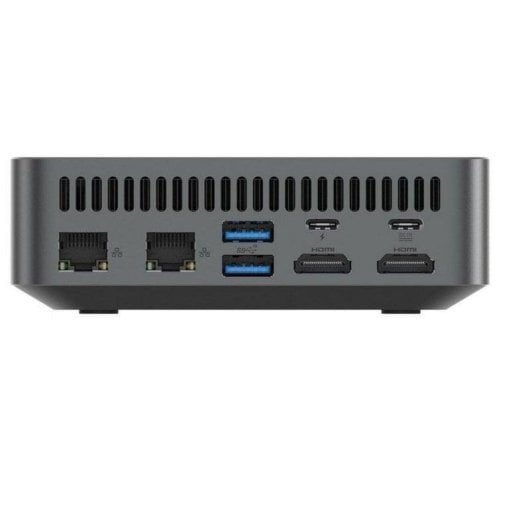 Achterkant van een grijze mini-pc met ventilatieopeningen, 2x LAN, 2x USB, 2x HDMI.