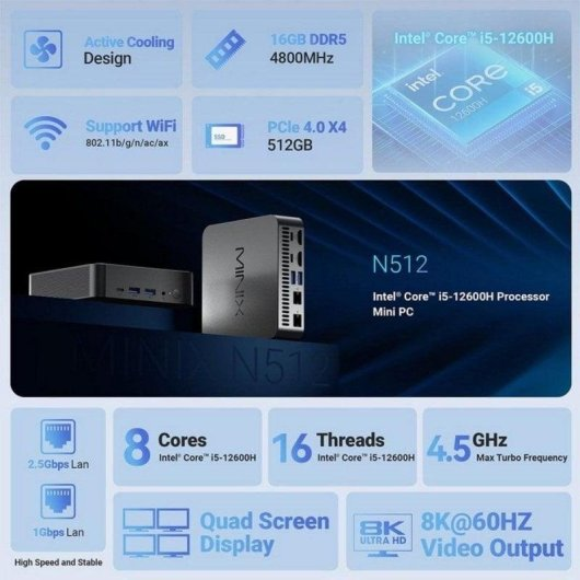 MINIX N512 Mini PC: Intel Core i5, 16GB DDR5, PCIe 4.0, 8 cores, 16 threads, 4.5GHz.