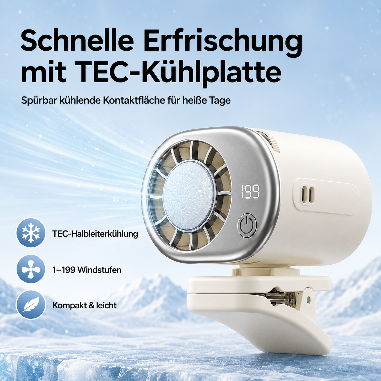 Ein tragbarer Lüfter mit TEC-Kühlung, Anzeige 199, auf Eisboden.