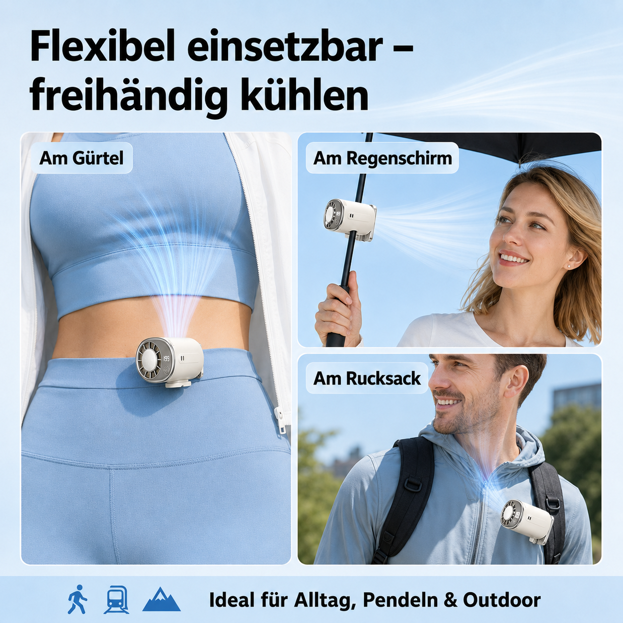 Tragbarer Lüfter an Gürtel, Regenschirm & Rucksack. Vielseitig kühlend.