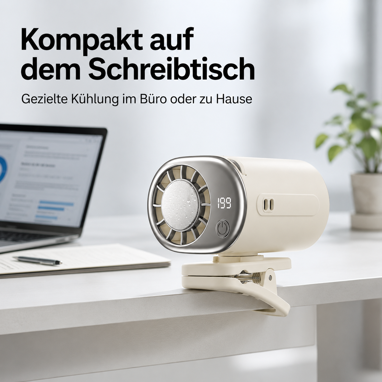 Ein kleiner weißer Ventilator mit Lüftergitter und Anzeige auf einem Schreibtisch.
