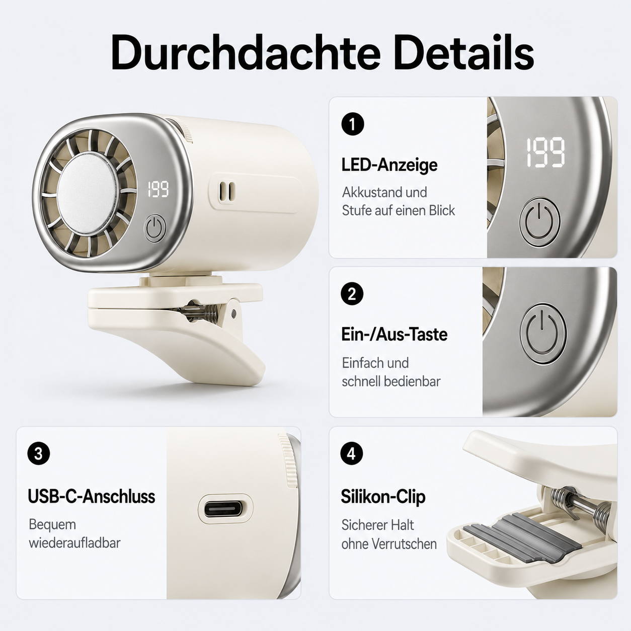 Ein weißer Ventilator mit Clip, LED-Anzeige, USB-C und Silikon-Clip.